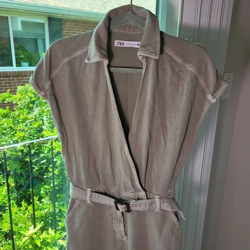 Zara Womens Sage Green Denim Belted Utility Jumpsuit Short Sleeve XS 1887/163